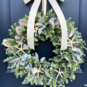 Coastal Wreath for Front Door, Oyster Shell Wreath, Sea Shell Wreath, Beach Decor, Beach Wreath, Nautical Wreath, Starfish, Ocean image 9