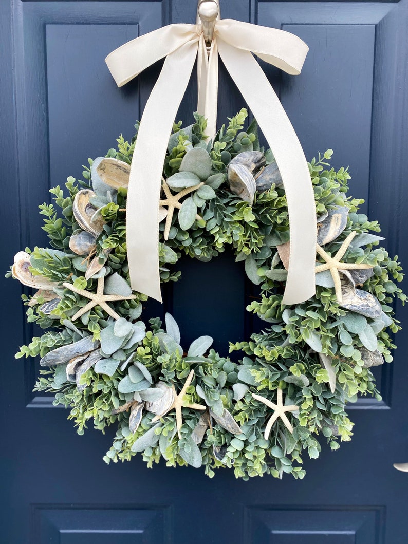 Coastal Wreath for Front Door, Oyster Shell Wreath, Sea Shell Wreath, Beach Decor, Beach Wreath, Nautical Wreath, Starfish, Ocean image 9