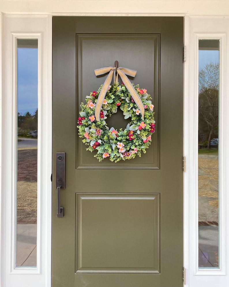 Spring & Summer Wreath,Wreath for Front Door,Lambs Ear Wreath,All Season Year Round Wreath,Grapevine Wreath,Farmhouse Wreath,Best Seller image 3