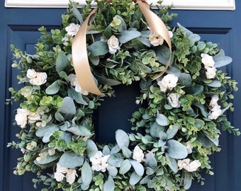 Rose Wreath for Front Door, Year Round Wreath, Lambs Ear Wreath, Spring and Summer Wreath, Wedding, Farmhouse Wreath, Versatile Wreath