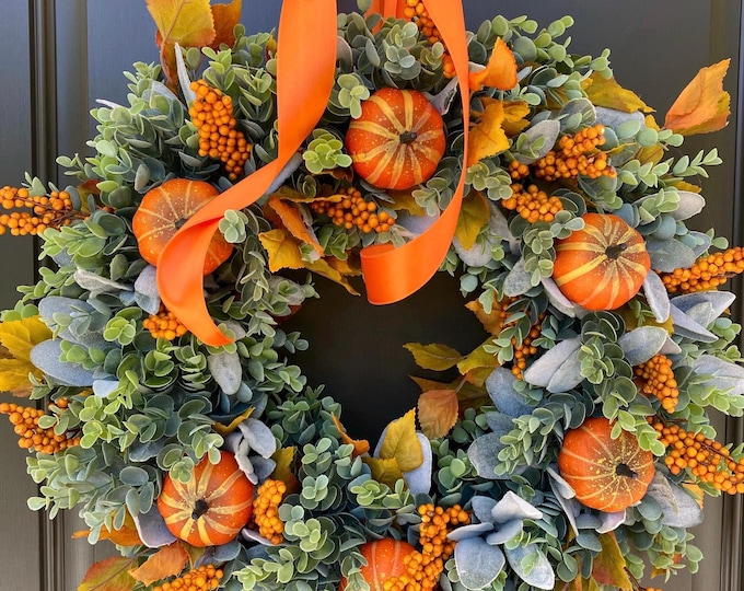Fall Wreath for Front Door, Fall Wreath, NEW, Berry, Eucalyptus Wreath, Lambs Ear Wreath, Fall, Autumn Wreath, Pumpkin, Farmhouse Wreath