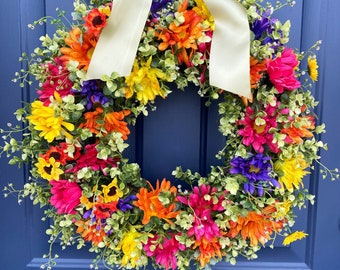 Daisy Wreath, Spring & Summer Wreath, All Season Year Round Wreath, Grapevine Wreath, Wreath for Front Door, Farmhouse Wreath, Fun Colorful