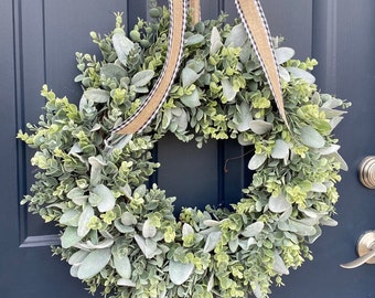Eucalyptus Lambs Ear Wreath: Farmhouse Front Door Decor