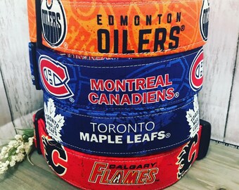 NHL Dog Collars -Oilers, Bruins, Flames, Blackhawks, Clip Collar - Pet Collar- Harness- Martingale Collar - Custom Collar - DigityDogCollars