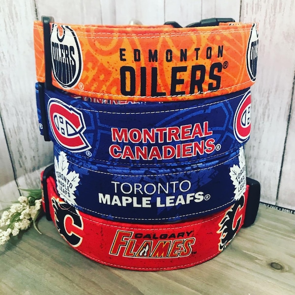 NHL Dog Collars -Oilers, Bruins, Flames, Blackhawks, Clip Collar - Pet Collar- Harness- Martingale Collar - Custom Collar - DigityDogCollars