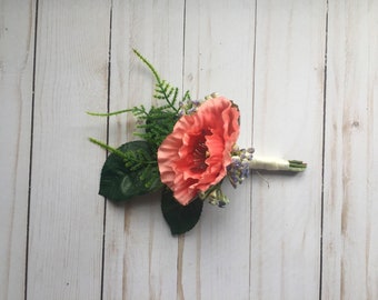 Coral Silk Boutonniere, Wedding Boutonniere, Poppy and Lavender Boutonniere, Men's Lapel Pin, Prom Boutonniere, Groom, Buttonhole, Groomsmen