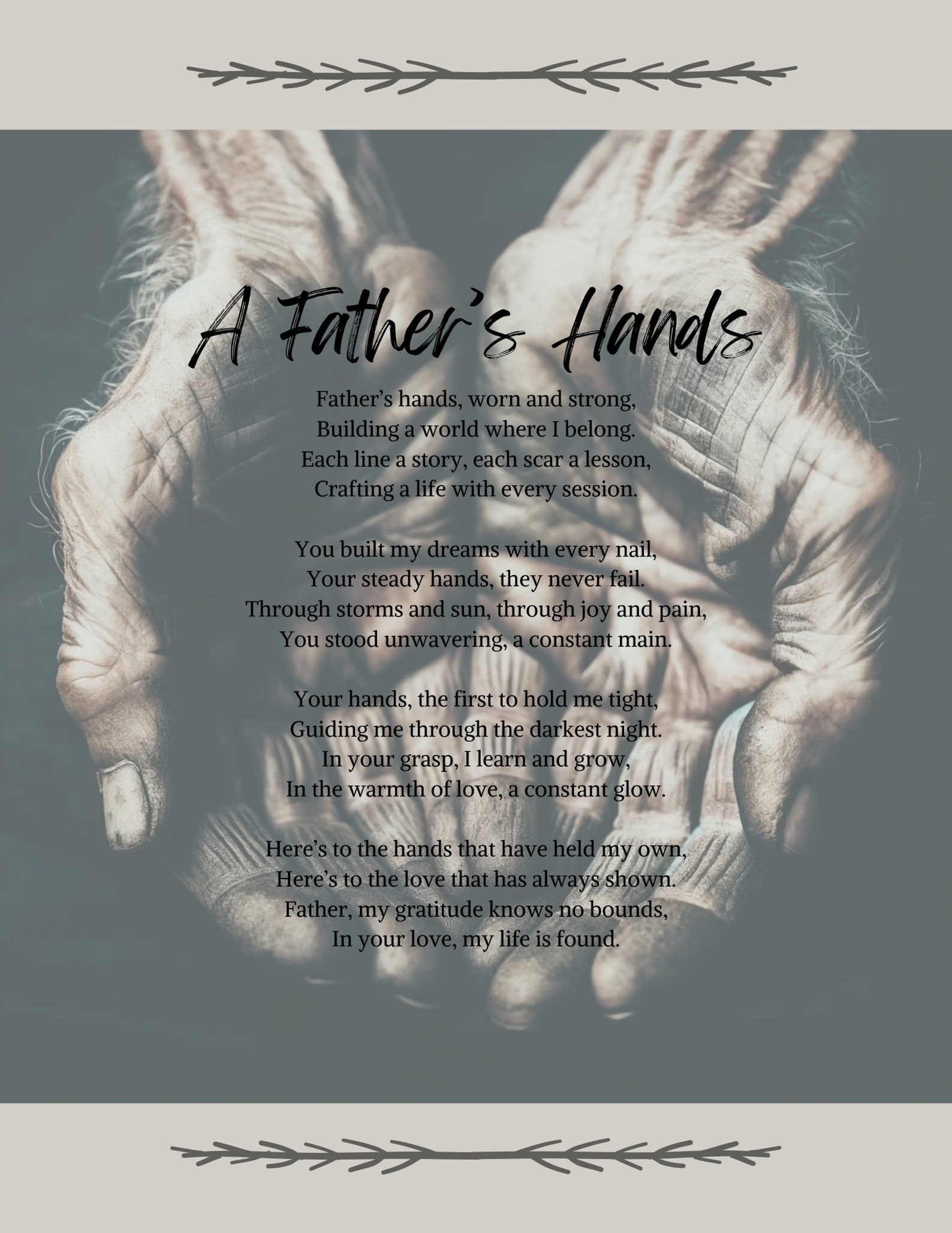 A Father's Hands Poem, Poem Gift for Dad, Fathers Day, Inspirational