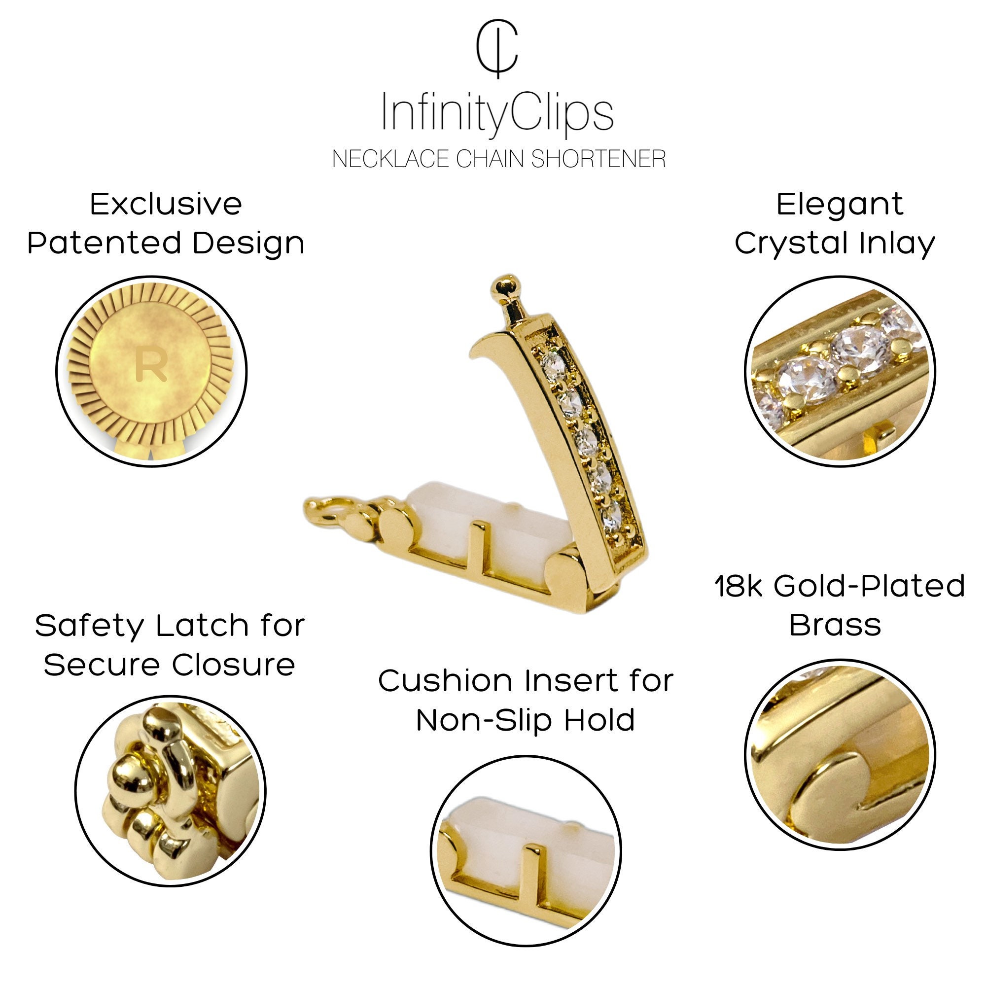 Infinity Clips Small Classic Gold Necklace Shortener With Safety Clasp, Chain  Shortener, Clasp for Necklace 