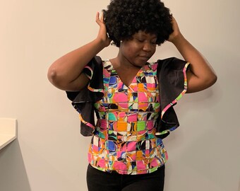 African Top with Ankara and Satin, Ankara, Blouse, African Clothing, Ankara Fashion, Ankara Clothing, Ankara Blouse, Ankara Styles, Edia