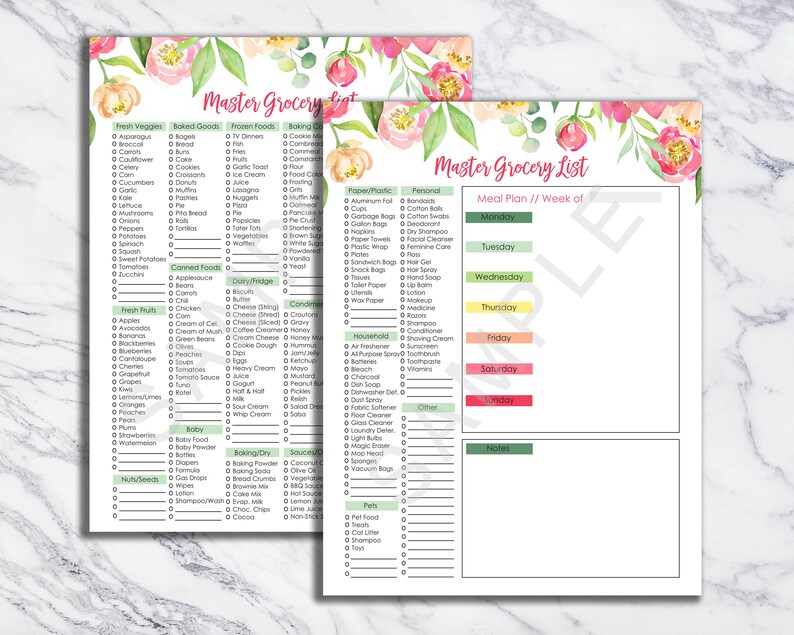 printable master grocery list and meal planner instant etsy