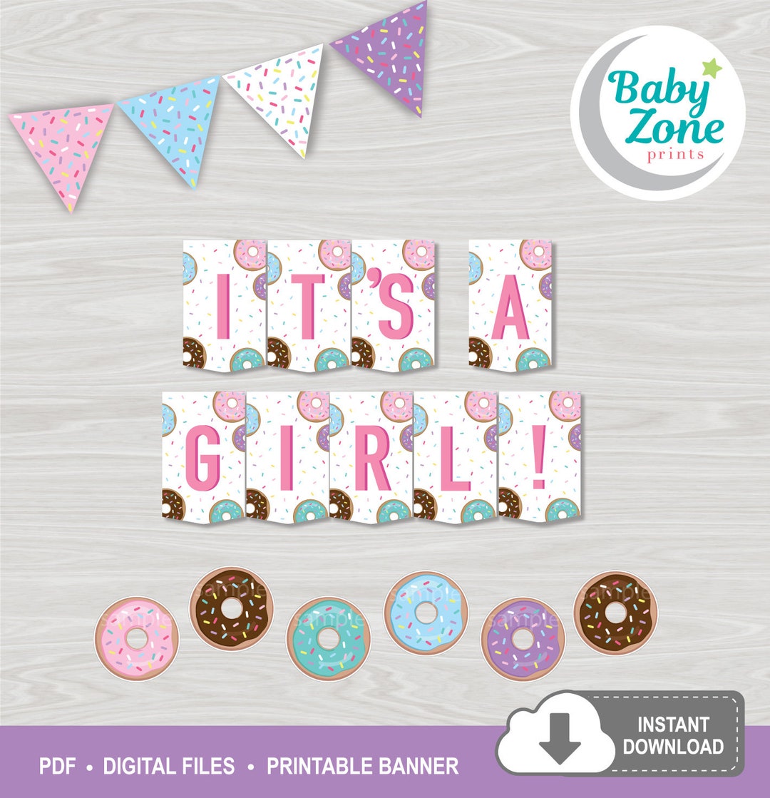 Donuts It's a Girl Printable Banner Baby Shower Pink Donut Shop ...
