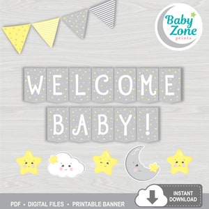 Baby Shower Twinkle Twinkle Little Star Welcome Baby! Printable Banner in Gray
