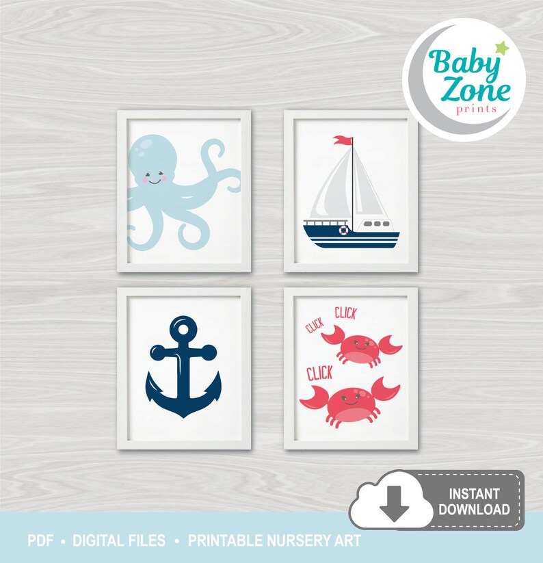 Nautical Nursery Art Set 4 Posters Baby Printable Decor Wall image 0