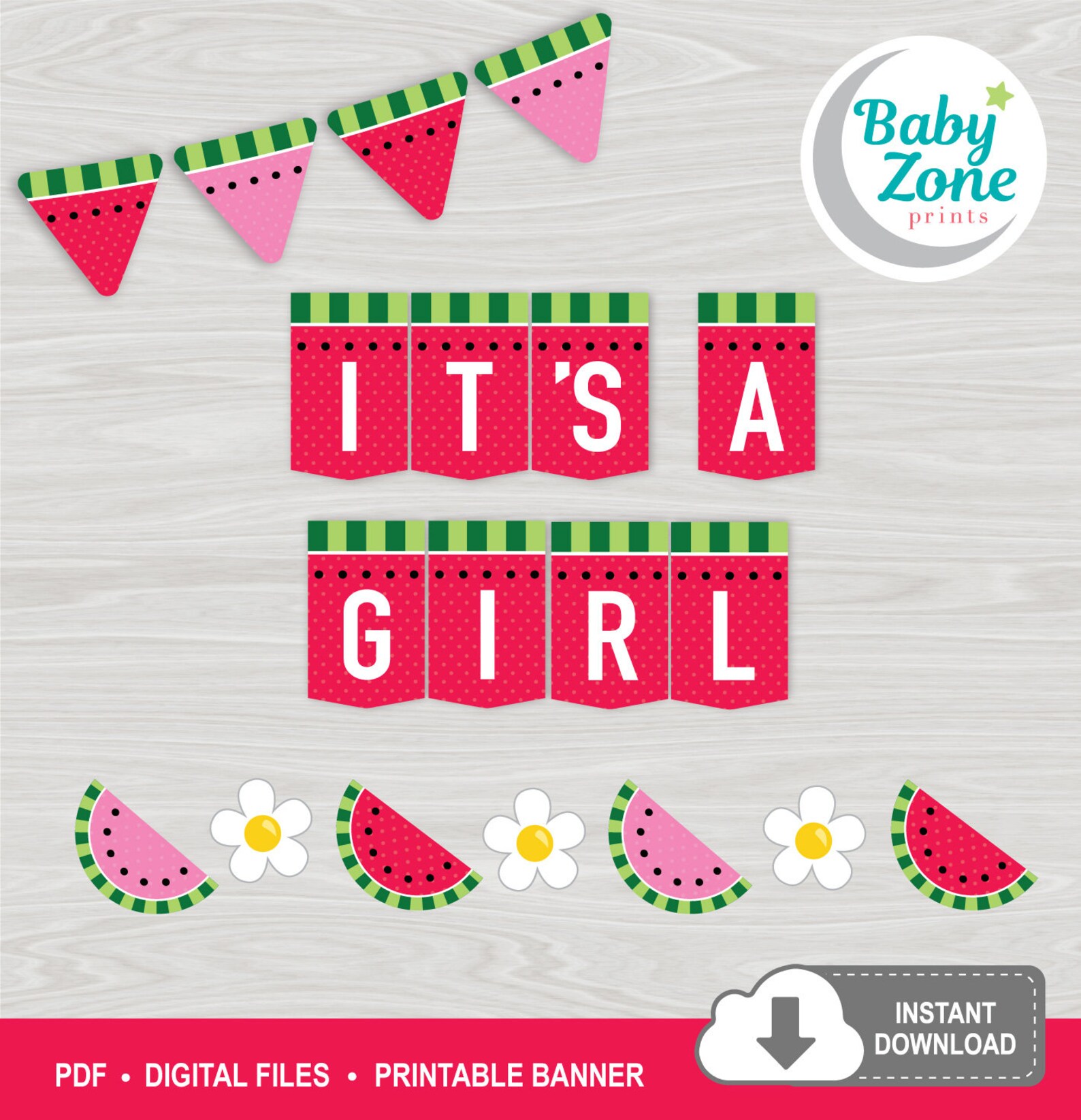Watermelon It's a Girl Printable Banner Baby Shower Summer Fruits ...