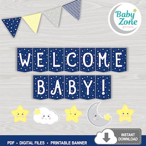 Twinkle Twinkle Little Star, Welcome Baby! Blue Printable Banner, Baby Shower Decoration, Mom to Be Instant Download It&#39;s a Girl, It&#39;s a Boy
