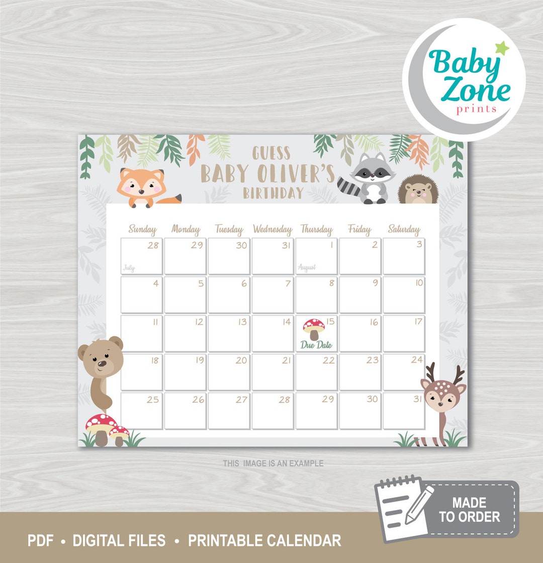 Woodland Animals Baby Due Date Printable Prediction Calendar Etsy