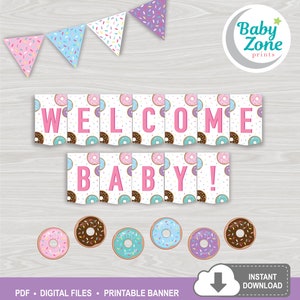 Donuts Welcome Baby! Printable Banner for a Sweet Baby Shower Decoration