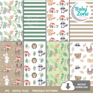 Woodland Digital Paper Patterns Pack, Forest Animals Scrapbooking Paper, Baby Shower Print Print