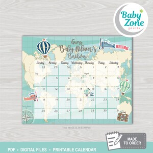 Calendário de previsão para impressão da data de vencimento do bebê do viajante mundial Adivinhe o aniversário do bebê Jogos de chá de bebê