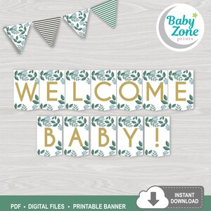 Bienvenue bébé! Verdure Baby Shower bannière imprimable téléchargement immédiat décoration de douche de bébé neutre avec guirlande
