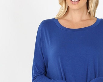 Dolman Sleeve Round Neck Side Cut HI-LOW Hem Top