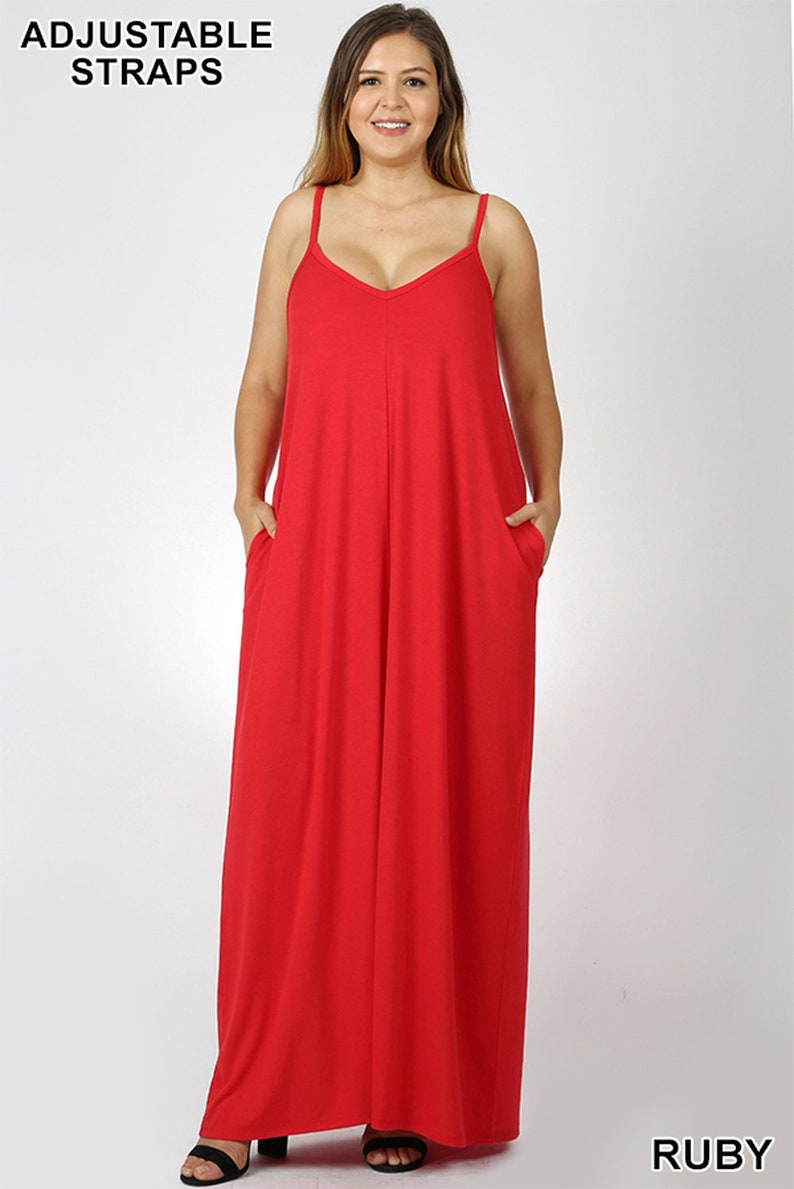 Adjustable Vneck Rayon Plus Size Maxi Dress With Pockets 51 Inch