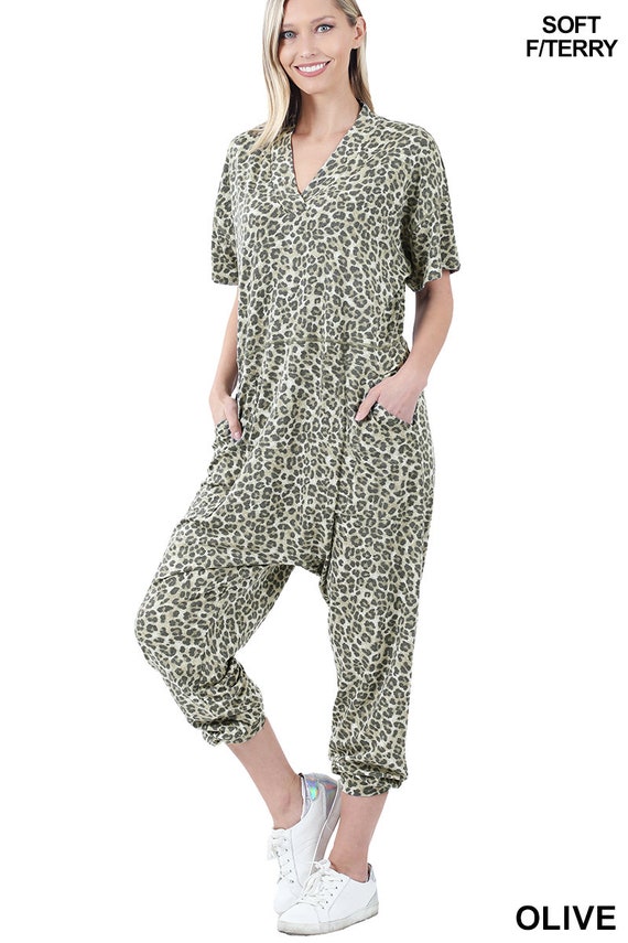 Soft French Terry Leopard V-Neck Jogger Jumpsuit