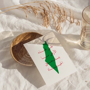 May include: A white card with a green outline of the country of Palestine. The Arabic words "Palestine" and "Jerusalem" are written in red on the card.