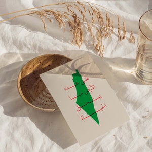 May include: A white card with a green outline of the country of Palestine. The Arabic words "Palestine" and "Jerusalem" are written in red on the card.