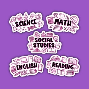 May include: Four colorful stickers with black outlines and white backgrounds. Each sticker features a different school subject: Science, Math, Social Studies, and English. Each sticker is decorated with icons related to the subject.