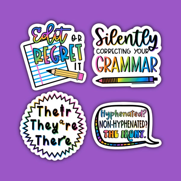 English Teacher Sticker Pack | Grammar | Language Arts | ELA | Edit or Regret It | Hyphenated Irony | There Their They’re | Colorful