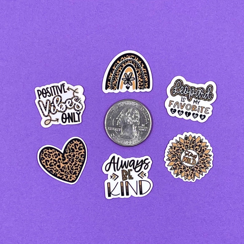 May include: Six leopard print stickers with various sayings. The stickers include "Positive Vibes Only", "Leopard is my Favorite", "Always Be Kind", "Stay Wild", and a rainbow with a flower.