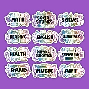 May include: A set of 12 colorful stickers with different school subjects, including Math, Social Studies, Science, Reading, English, Elementary, Health, Physical Education, Computer, Band, Music, and Art. Each sticker features a unique design with related icons and text.