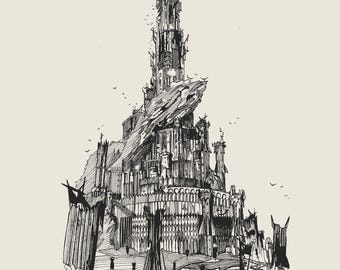 Barad-dûr, The Dark Tower | Lord of the Rings Drawing | Tolkien Art | Ink Drawing | 8.5" x 11"