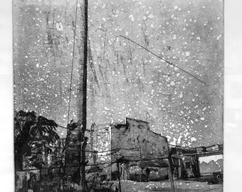 Abandoned Building with Chimney Original Intaglio Print