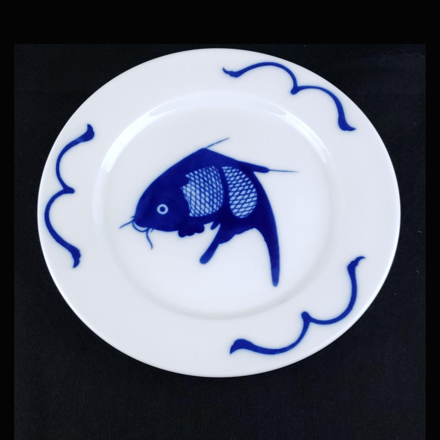 Misty Rose Koi Fish Dinner Plate Blue Cobalt On White Ceramic Etsy