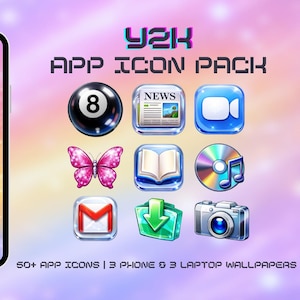 May include: A smartphone with a pastel rainbow wallpaper is shown alongside a set of Y2K-style app icons. The icons include a pool ball, news, video call, butterfly, book, CD, email, download, and camera. Text reads "Y2K APP ICON PACK".