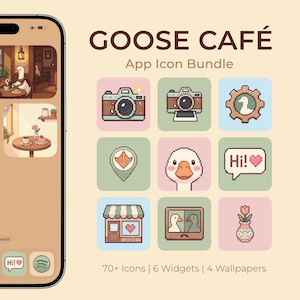 May include: A phone screen displays the "Goose Café" app icon bundle. The image features app icons, widgets, and wallpapers with a cafe theme. The icons include cameras, a goose, and a shop. The text "Goose Café" and "App Icon Bundle" are visible.