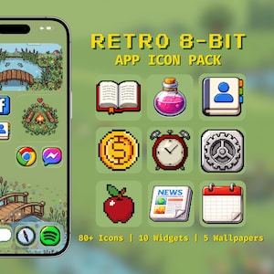Paquete de iconos de aplicaciones retro de 8 bits: Tema Pixel para la pantalla de inicio del iPhone (Descarga digital)