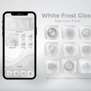 Peut inclure: Un smartphone affichant un pack d'icônes d'application White Frost Glass avec une esthétique givrée et translucide. L'écran présente divers widgets et icônes, tandis que la droite affiche une grille d'icônes individuelles, dont un cœur.