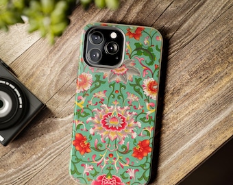 Vintage Floral iPhone Case Ornate Baroque Flower Pattern Phone Cover Green Botanical Phone Case Elegant Aesthetic Case for iPhone