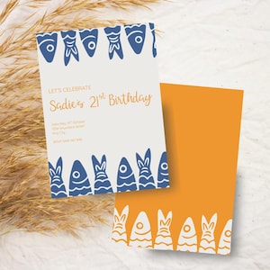 Faire-part 21e anniversaire méditerranéen modifiable - Modèle de fête côtière sur le thème de la sardine - Invitation brunch grec d'Amalfi imprimable numérique