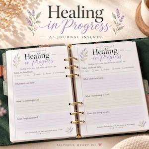 May include: An open A5 journal with white pages featuring the title Healing in Progress, lavender illustrations, and prompts including Today, my heart feels, What needs care today, What I'm releasing to God, and Grace I'm giving myself.
