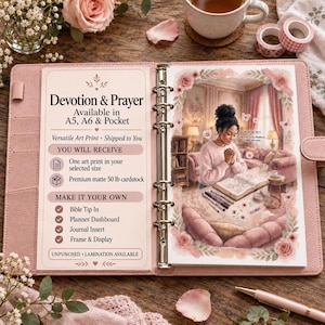 May include: A pink leather binder containing a Devotion & Prayer art print. The print features an illustration of a person praying in a room with pink furniture, surrounded by a floral border. Text includes Devotion & Prayer, Available in A5, A6 & Pocket, and Psalm 23:1.