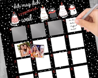 May include: A black and white printable poster with a festive holiday theme. The poster features a title that reads "Ich mag dich irgendwie, weil" and has 20 numbered squares. The squares are filled with images and text. The poster is decorated with white snowflakes on a black background.