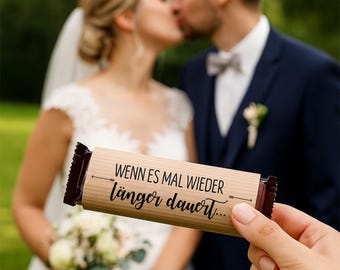 Chocolate wrappers for weddings, kraft paper look, "When it takes a little longer" | Wedding favor | Candy bar decoration | Waiting time for guests