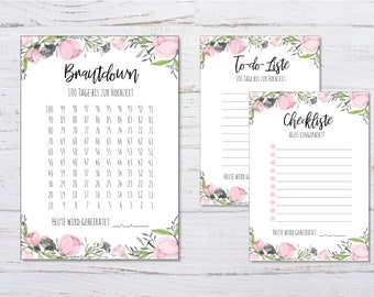 May include: Printable wedding countdown, to-do list, and checklist with floral illustrations. The countdown includes numbers 100 to 1. The to-do list and checklist have blank lines for writing. The text on the checklist says "Alles eingepackt!" which means "Everything packed!" in German.