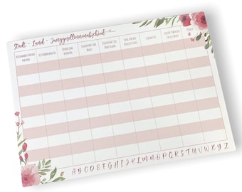 May include: A printable checklist for a bachelorette party. The checklist includes sections for the bride's name, the date, the location, the time, the dress code, the activities, the budget, and the RSVP list. The checklist is decorated with pink flowers and green leaves.