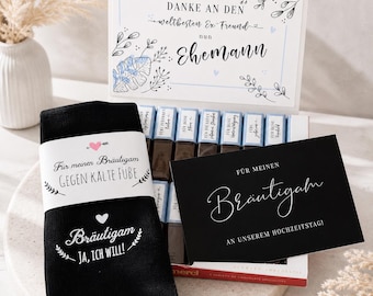 Gift set for the groom, socks, card and stickers for a Merci box
