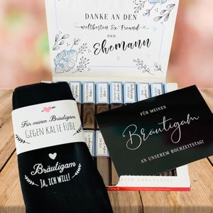 Geschenkset für den Bräutigam, Socken, Karte und Aufkleber für eine Merci-Packung